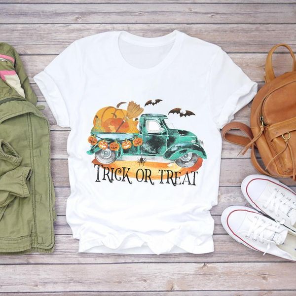 

pumpkin truck halloween fall women t shirt autumn cute animal print ladies womenns graphic female tee, White