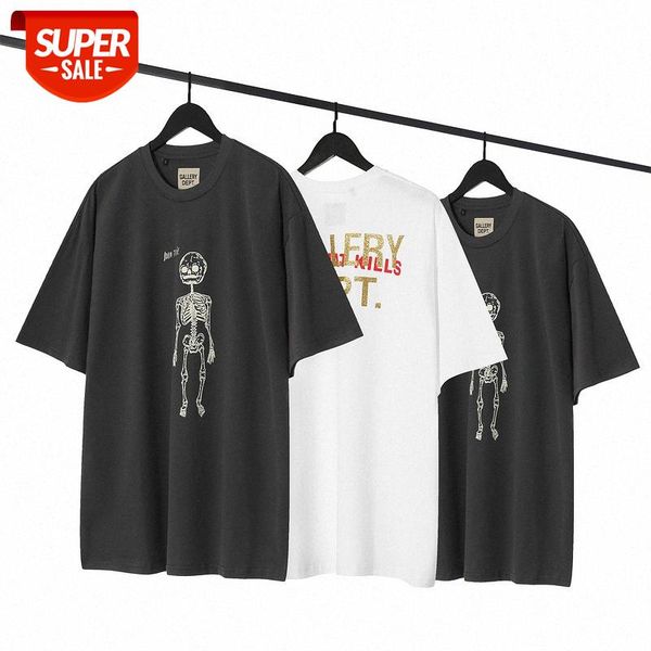 

streetwear men high street washed and distressed skull print short sleeve t-shirt #ey2z, White;black
