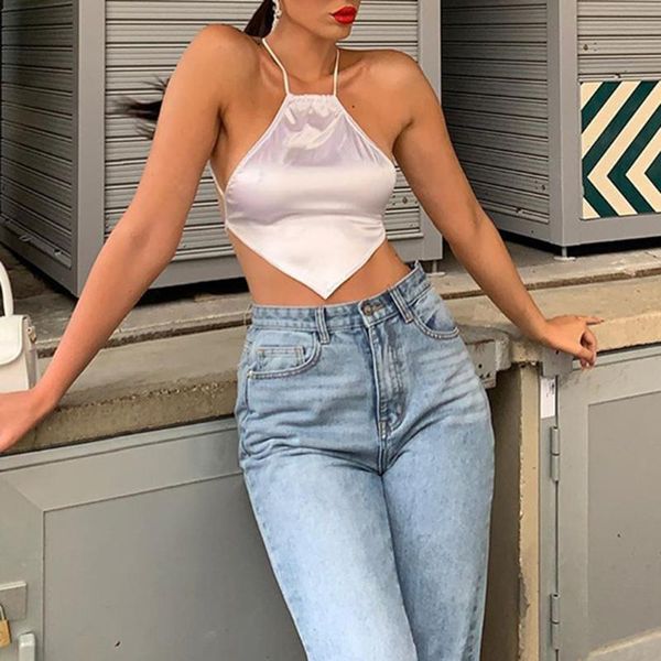 

sleeveless halter satin crop female underwear short mujer backless bustier streetwear solid mini tanks women's & camis, White