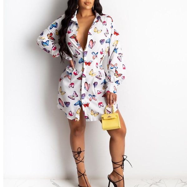 

casual dresses loose long shirts sleeves buttons blouses women spring fall wear female white butterfly pattern maxi shirt, Black;gray