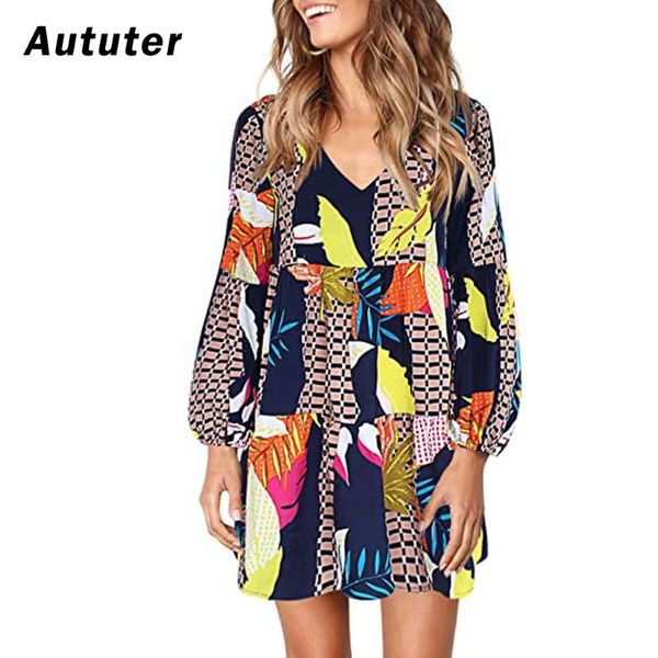 

women boho floral dress v-neck long sleeves beach sundress female spring summer evening party short a-line vestidos#a3 casual dresses, Black;gray