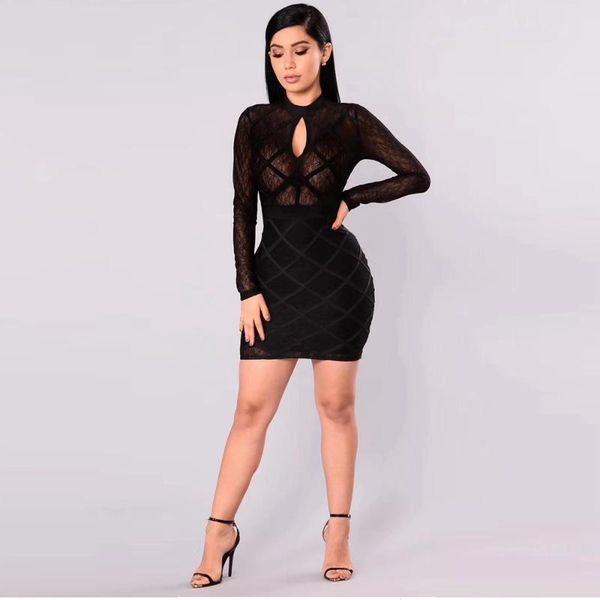 

casual dresses 2021 chic summer women black pink long sleeve bandage dress hollow out lace vestidos party night mini club festa, Black;gray