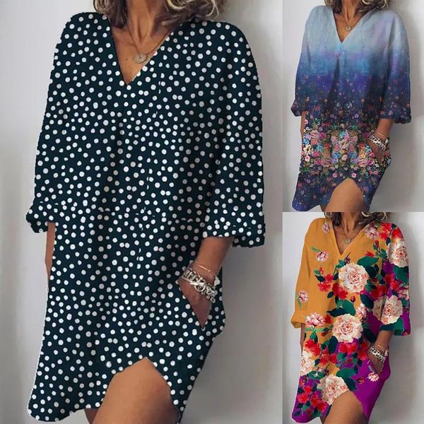 

casual dresses ladies mini 3/4 sleeve dress loose women autumn floral printed female straight sundress beach d30, Black;gray