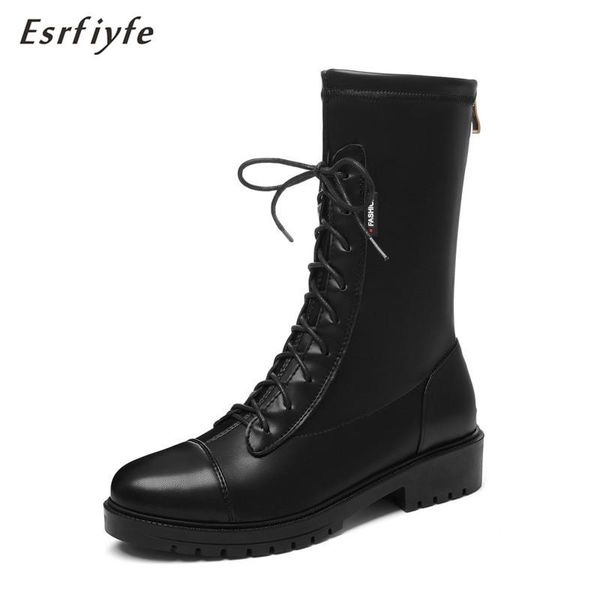 

boots esrfiyfe 2021 mid calf women autumn winter fashion lace-up short botas mujer platform high heels ladies shoes, Black