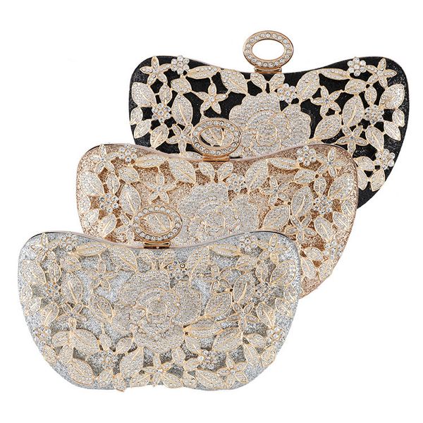 

elegant women handbag hollow flower diamond wedding purse party evening clutch bag gold silver sequin shoulder bag zd1882