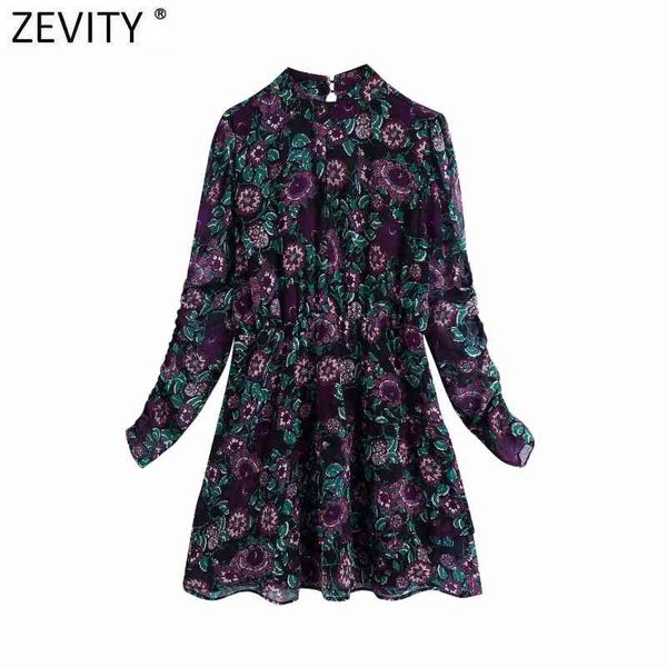 

zevity women vintage stand collar flower print chiffon mini dress lady chic pleats puff sleeve casual ruffles vestido ds4745 210419, Black;gray