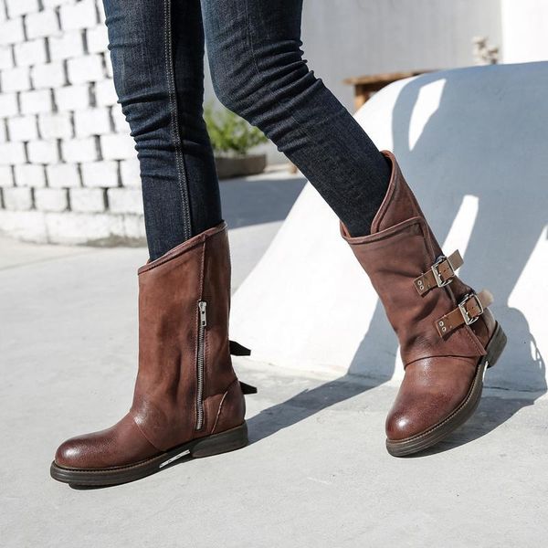 

prova perfetto handmade women autumn winter platform rubber boots flat shoes woman retro genuine leather belt buckle botas mujer 8p3t, Black