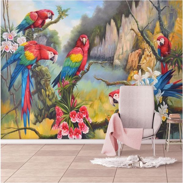 beibehang Carta da parati personalizzata soggiorno murales medievale dipinto a mano foresta tropicale colore pappagallo sfondo pittura murale