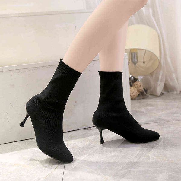

women sock boots pointed toe elastic high heels slip on mid calf boots stiletto botas zapatos de mujer sock shoes mid calf boots y1105, Black