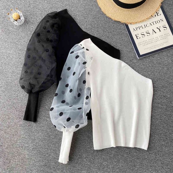 

women's sweaters croysier 2021 fashion women clothing polka dot tulle mesh long sleeve one shoulder sweater knitted pullover jumper, White;black