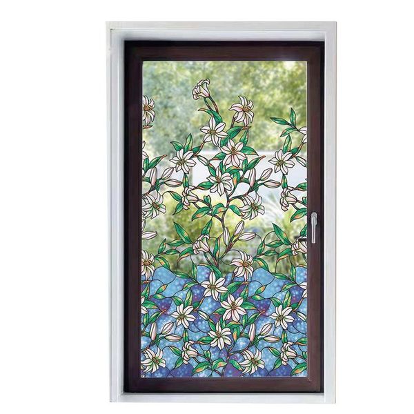 

window stickers 200cm length static cling film lily pattern glare-reduction decorative glass sticker for door cabinet table