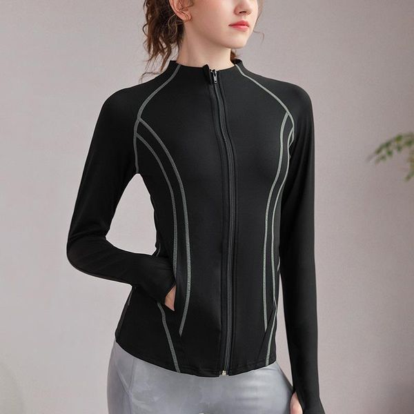 

yoga outfit fall stand-up collar workout sport coat women zipper nylon jogger fitness jacket with thumb holes elastic running tight top