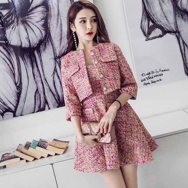 

autumn winter runway tweed women dress 2 piece set short jacket coat mini tank wool blend skirt suits office female, White