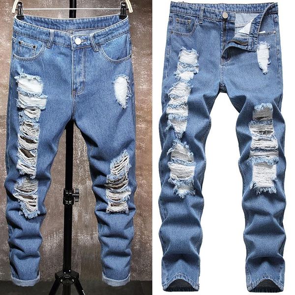 

spring and summer light-colored jeans men's ripped trend, Blue