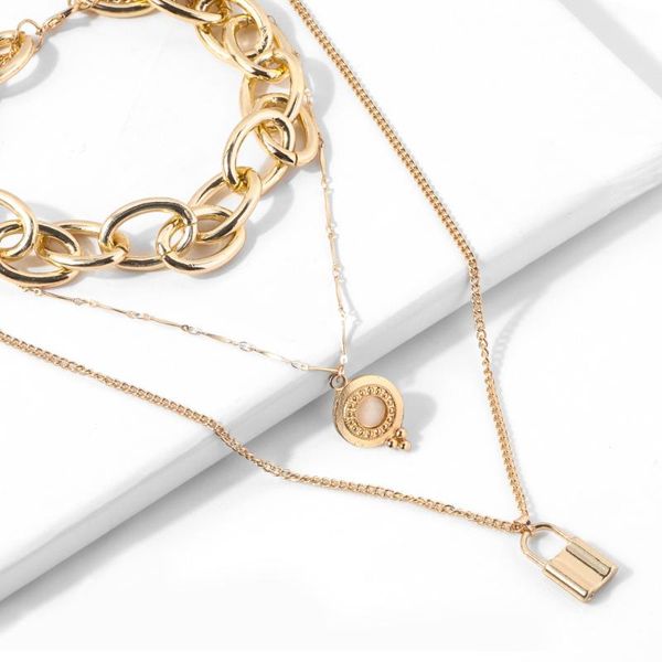 

multi layer lock chain necklace for women golden cat eye stone multilayer pendant necklaces jewelry gift, Silver