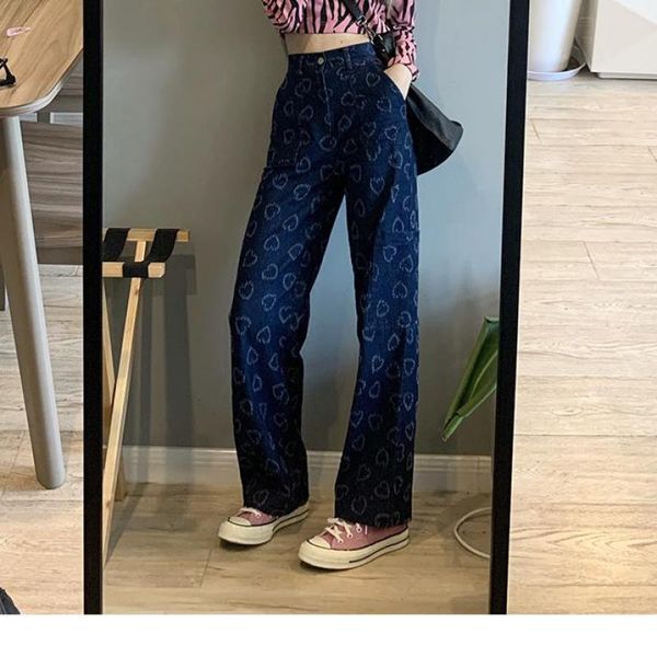 

women's jeans korean wide leg denim pants dark blue straight love trousers women vintage loose mom high waist femme fashion