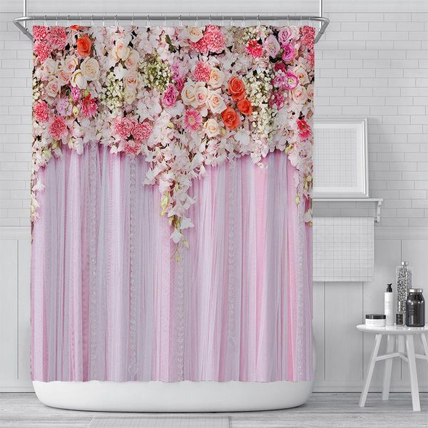 

peach pink flower wall shower curtain set with 12 hooks bathroom decoration curtains
