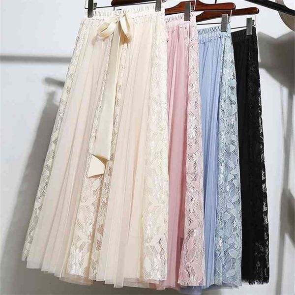 

spring arrival bow decorated high waist lace embroidered stitching pleated skirt faldas largas elegantes 210527, Black