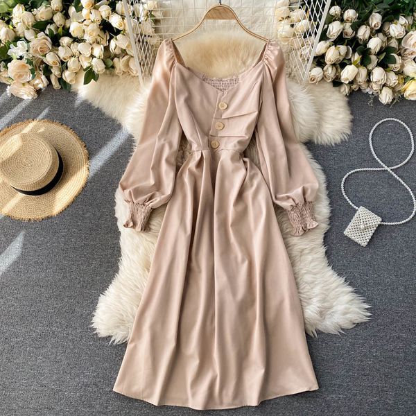 

dresses vintage brown/khaki dress women autumn new casual v-neck irregular single breasted a-line vestidos female fashion, Black;gray