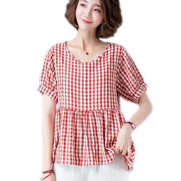 

summer cotton linen plaid blouse women shirt short sleeve blusas mujer de moda 2021 loose blouses casual women's & shirts, White