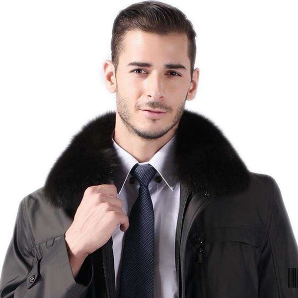 Eleganter Kragen aus echtem echtem Fuchspelz für Herren mit 5-Ouch-Fix an der Kleidung, warme Winterkragen mit Futter in Schwarz H0923