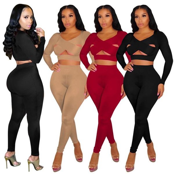 

women's two piece pants wuhe hollow out long sleeve crop high waist pencil set autumn night party skinny outfits, White