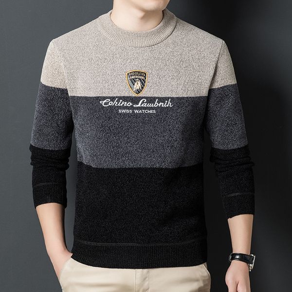 

winter warm inner bottom shirt plush knitted sweater striped cheney long sleeve casual men's style, Black