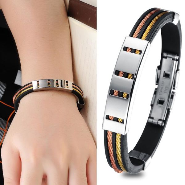 

charm bracelets jialy wholesale european fashion punk black leather silicone bracelet stainless steel wristbands for men jewelry b0008, Golden;silver