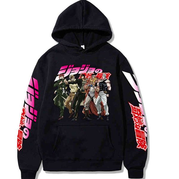 

harajuku bizarre adventure hoodi japane anime jojo printed men's hoodie streetwear casual sweatshirts, Black