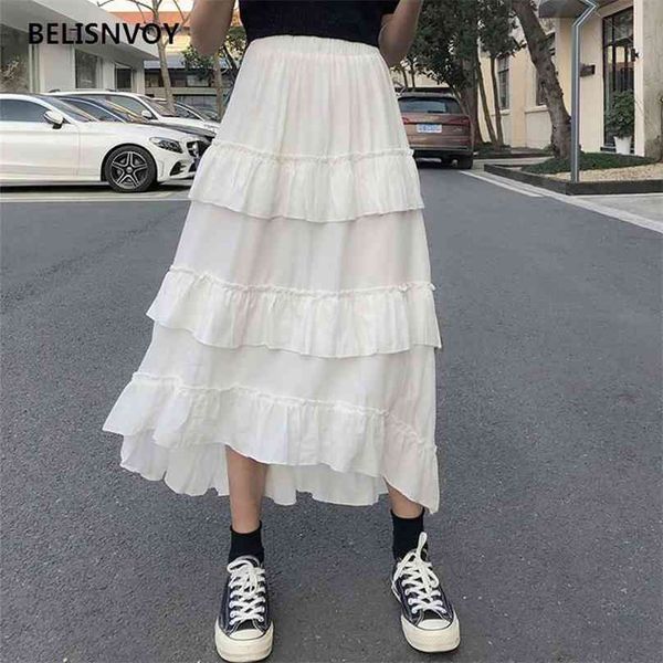 

midi long harajuku skirt womens maxi goth lolita summer high waisted asymmetrical low ruched ruffle s rok 210520, Black