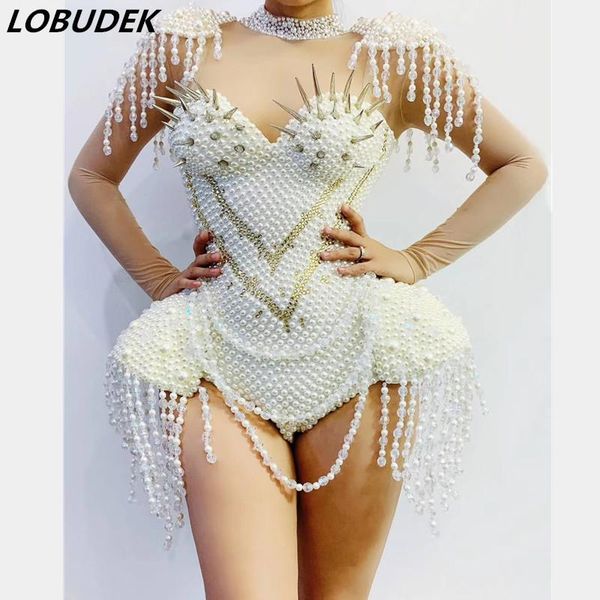 

white peals beads rhinestones bodysuit fashion women singer dancer stage performance v-neck rivet bodysuits women's jumpsu, Black;white