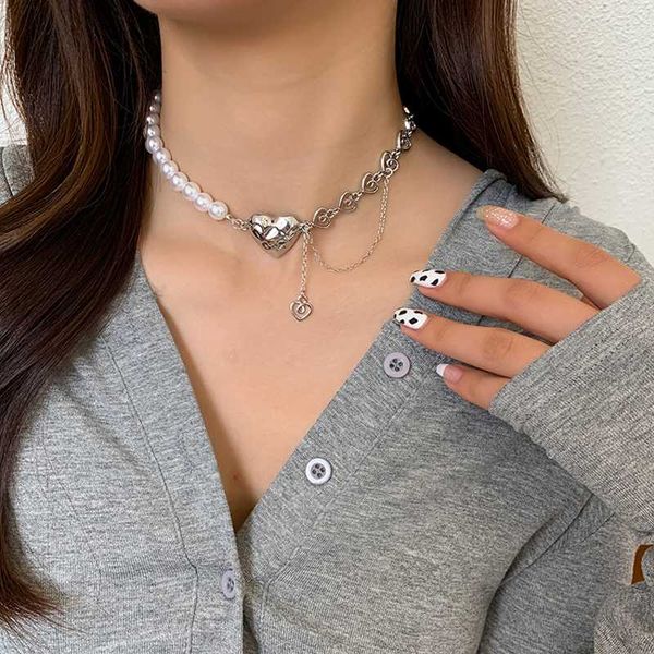 

pendant necklaces hip hop silver heart pearl stainless steel choker for women girls chain party jewelry