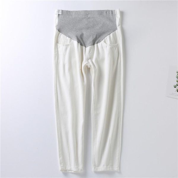 

maternity bottoms 2021 autumn pregnant women denim pants high waist cotton belly jeans loose slim leg hem empire trousers wholesale, White