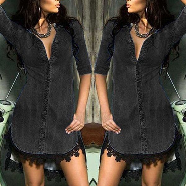 

dresses denim shirt casual v-neck 5 / s lace drs, Black;gray