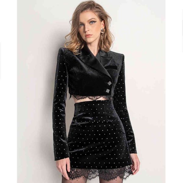 

two piece dress black veet suit women spring long sleeve diamond short jacket + mini skirt pieces sets 4exl, White