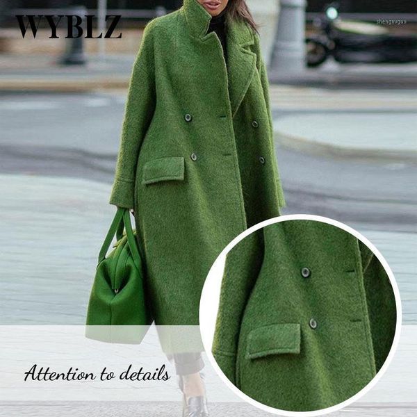 

women's wool & blends wyblz women long woolen jacket casual solid color overcoat female elegant lapel loose green coat autumn winter cl, Black