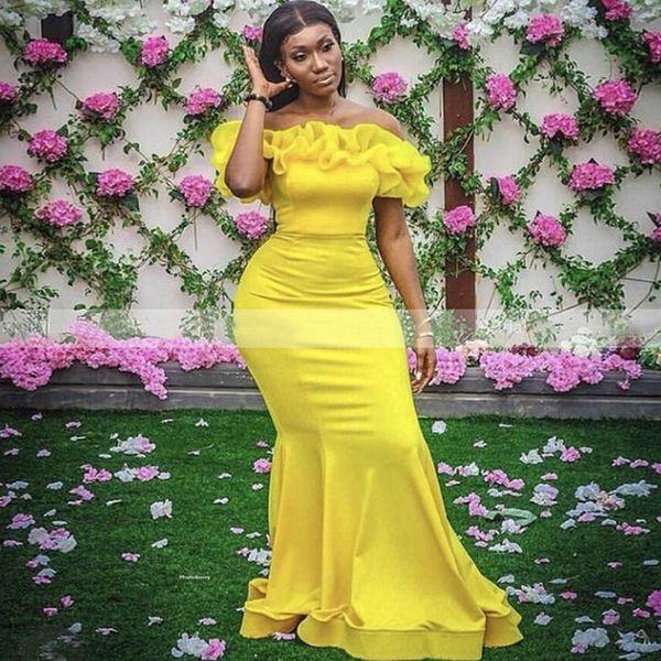 

yellow ruffles off shoulder mermaid prom dresses for women plus size long evening party dress robe de soiree de mariage, Black