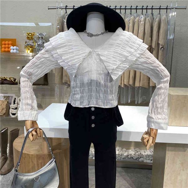 

blouses original niche sweet double ruffled design shirt with large lapel sleeves and short belt, White
