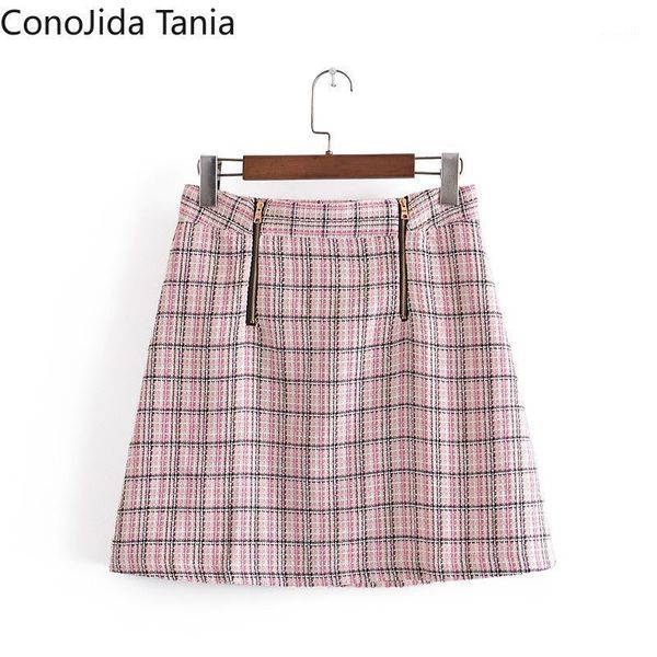 

short high waist double zipper a-line plaid tweed half skirt skirts, Black
