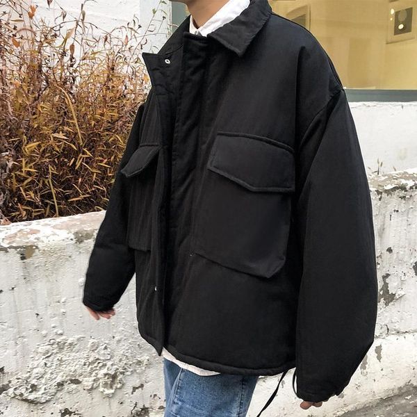 

men's jackets and women's large quilted jackets, thick coats, zipper lapel pockets, winter street clothes, korean fashion, unisex,, Black;brown
