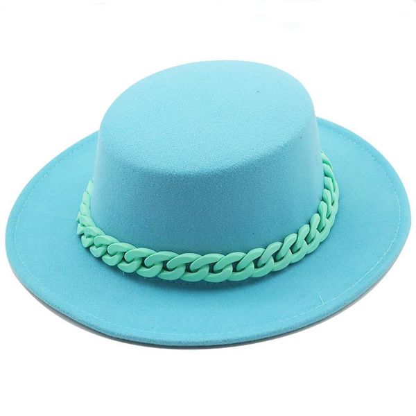 

wide brim hats 2021 women flat solid color wedding party fedora with chain casual autumn winter, Blue;gray