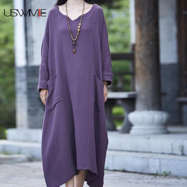 

autumn women dress o-neck pockets solid color long sleeve irregular hem vestidos double layer section uswmie casual dresses, Black;gray