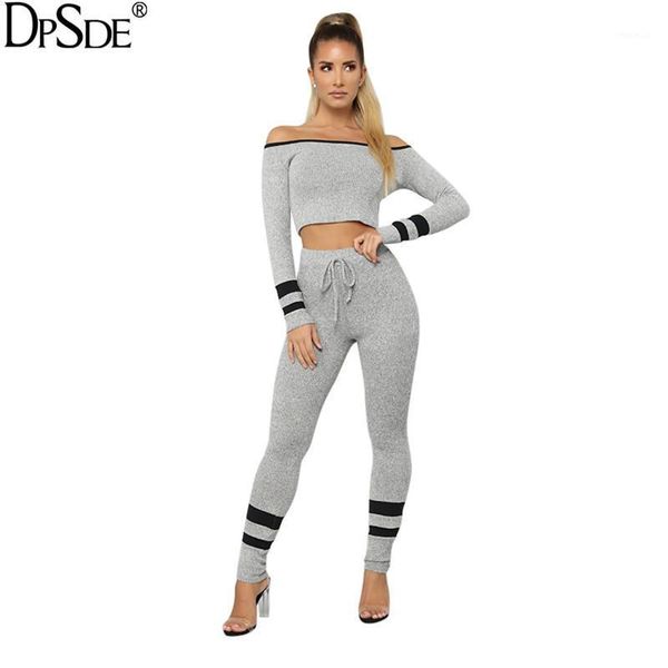 

2021 spring women fashion casual movement style long sleeve card shoulder elastic pants pure color two piece sets, Gray