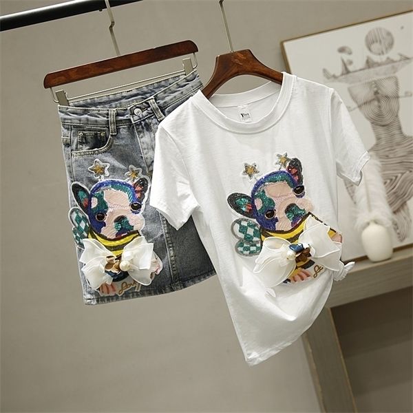 

two piece set women bees cartoon sequins t-shirt lace bow tshirt casual t shirt + suits woman jeans denim short skirt sets, White