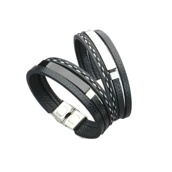 

engravable titanium steel woven leather rope bracelet for men women, Black