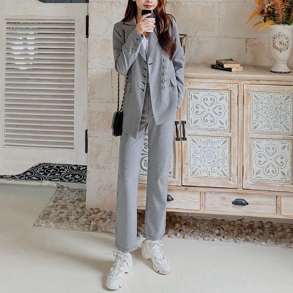 

women's two piece pants notched collar single-breasted women irregular plaid ol blazer&high waist pockets straight suit pieces sets pie, White