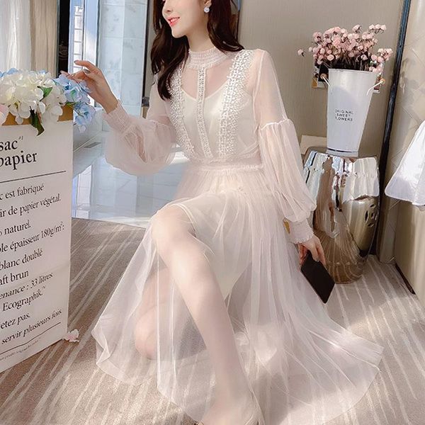 

casual dresses women 2021 fashion sweet lace a-line chiffon voile mesh lantern sleeve empire stand black dress blusas 0516, Black;gray