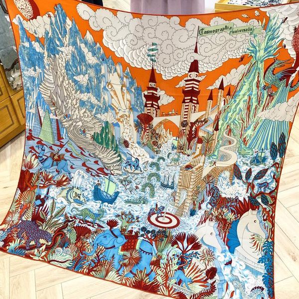 

universe printing scarf women hand rolled edges 30% silk 70% cashmere blended pashimina female shawl wrap 140*140cm 55''x55'&, Blue;gray