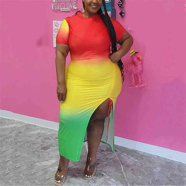 

4xl 5xl plus size dress african ladies high split printed bodycon mid calf evening night party club wear long vestidos 210510, Black;gray