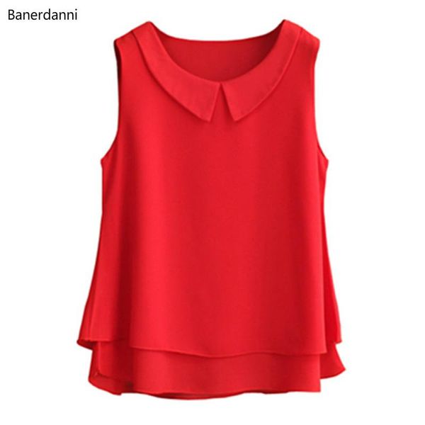 

women's blouses & shirts 2021 summer plus size chiffon blouse for women and double layer collar sleeveless femme blusas femininas, White